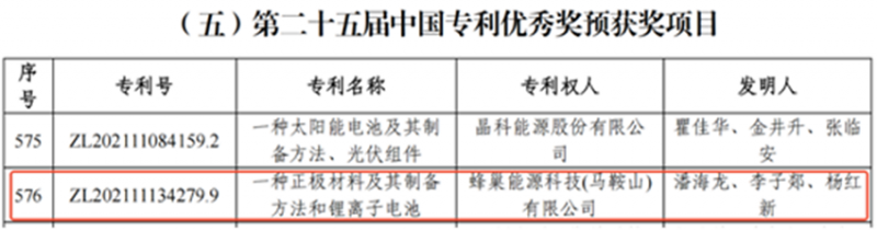 蜂巢能源荣获第二十五届中国专利优秀奖